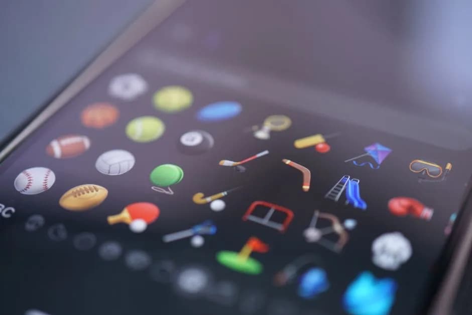 Close-up of sports emoji icons on a smartphone screen representing sports betting app