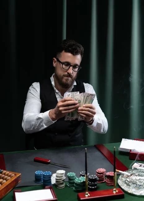 A person at a casino table counting money surrounded by poker chips, representing a rummy cash game