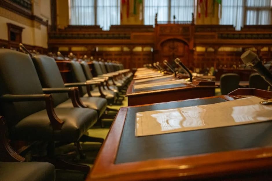 Empty government legislative chamber with rows of desks and microphones