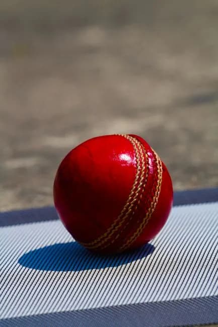 Red leather cricket ball resting on cricket pitch with blurred background