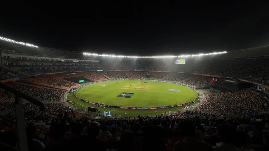 Night cricket match with a packed crowd at Narendra Modi Stadium in Ahmedabad India