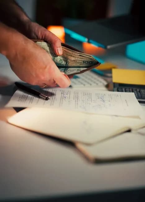 Person handling cash with documents and pen on a desk