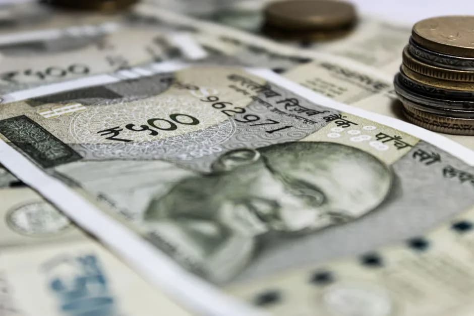 Detailed close-up of Indian rupees and coins