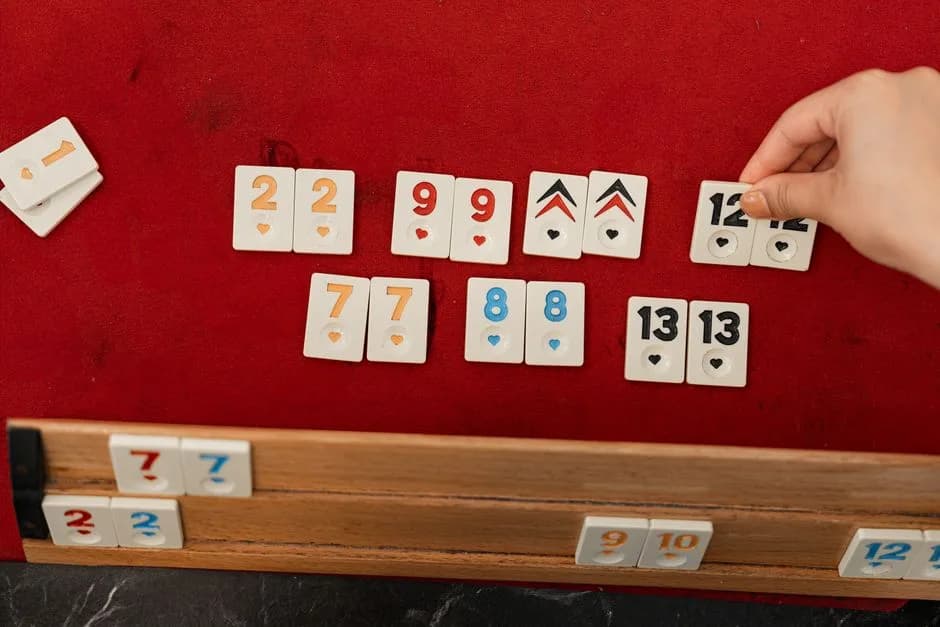 A hand arranging rummy tiles on a red felt table