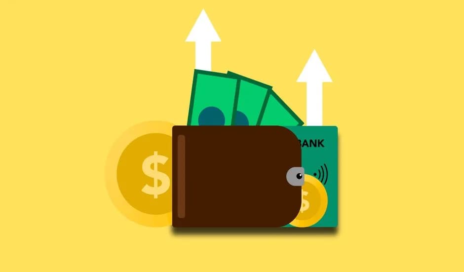 Wallet with coins, banknotes, and a card representing a minimum deposit at a casino
