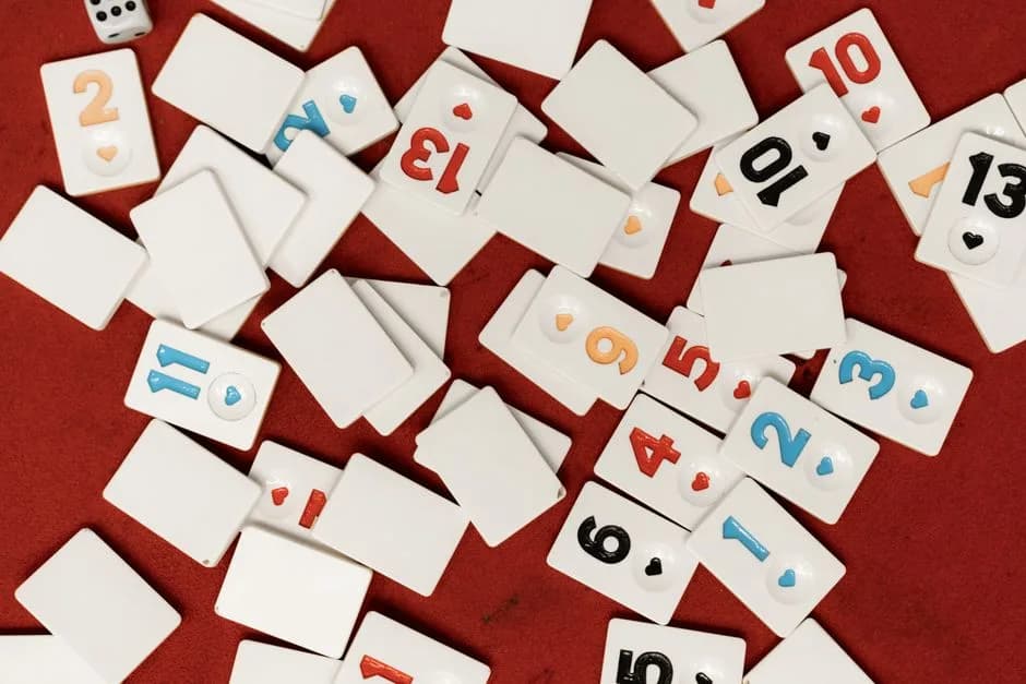 Scattered rummy tiles with numbers on a red surface