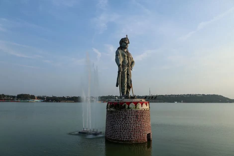 Raja Bhoj statue standing in Upper Lake Bhopal Madhya Pradesh India
