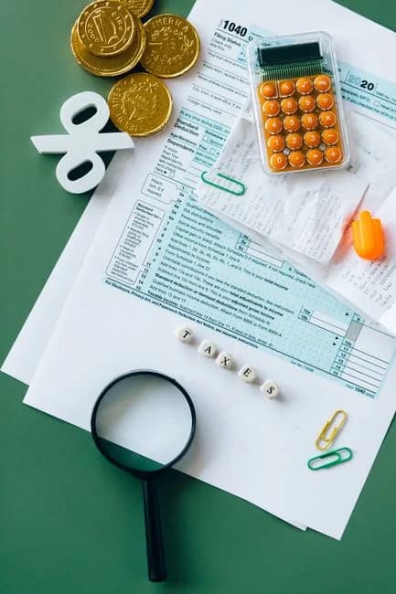 Tax documents with calculator coins and office supplies on a desk