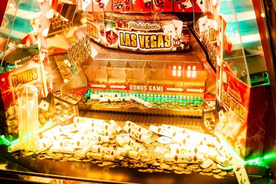 Colorful casino slot machine featuring a Las Vegas theme with coins and poker cards