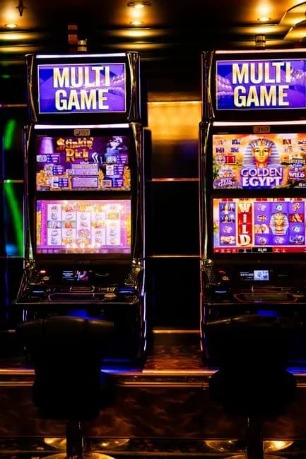 Colorful multi-game slot machines inside a lively casino environment at night