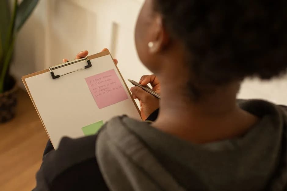 A person writing notes on a clipboard with colorful sticky notes